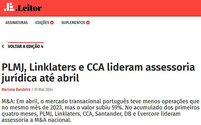 PLMJ, Linklaters e CCA lideram assessoria jurdica at abril